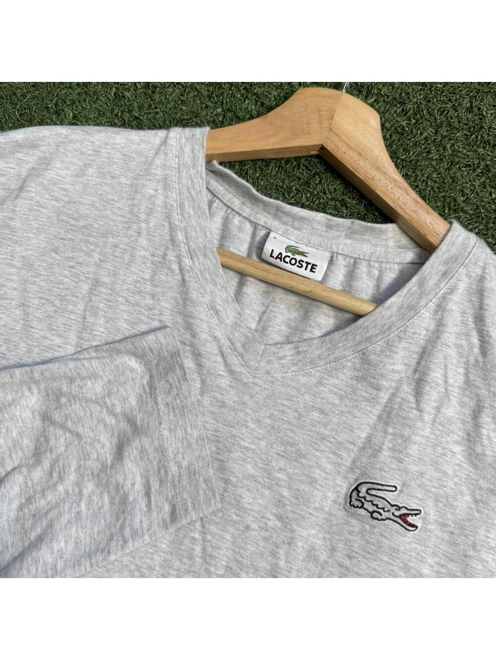 Lacoste V-Neck TShirt Gray Embroidered Logo French Casual Tee 6(XL) Quite Luxury